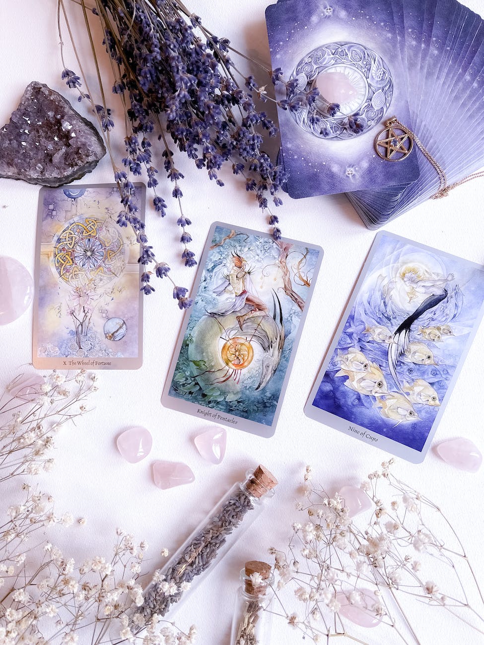 deck of tarot cards beside dried flowers and crystals on a white surface